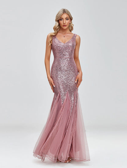 Mermaid / Trumpet Evening Gown Sparkle Dress Wedding Guest Formal Evening Floor Length Sleeveless V Neck Tulle V Back with Sequin Splicing