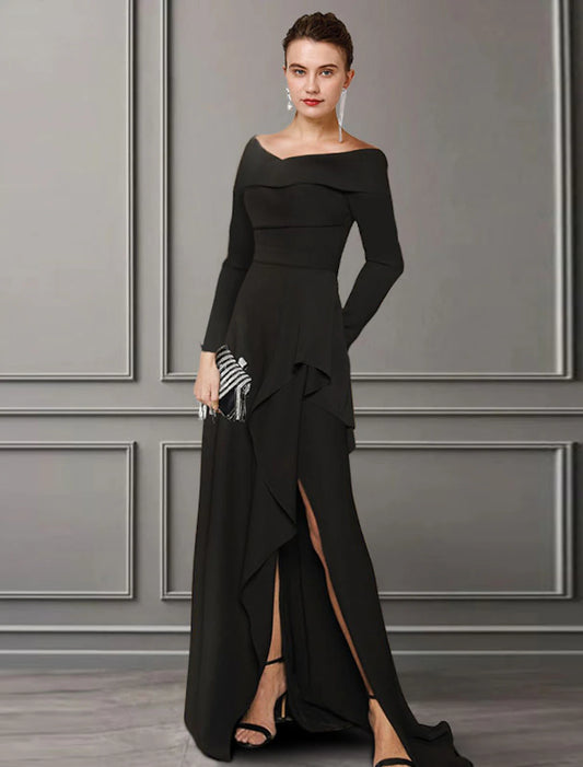 A-Line Mother of the Bride Dress Elegant Off Shoulder Sweep / Brush Train Lace Stretch Fabric Long Sleeve with Ruched Split Front