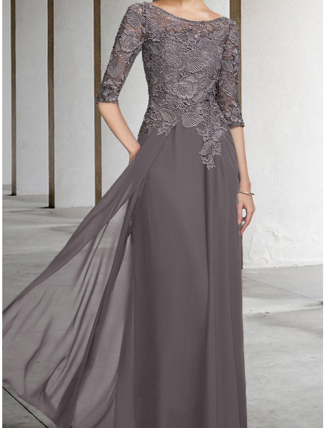 A-Line Mother of the Bride Dress Wedding Guest Elegant Scoop Neck Floor Length Chiffon Lace Half Sleeve with Ruching Solid Color