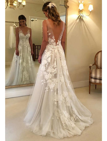 Beach Boho Wedding Dresses A-Line V Neck Sleeveless Sweep / Brush Train Lace Bridal Gowns With Appliques