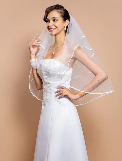 Two-tier Ribbon Edge Wedding Veil Elbow Veils with Rhinestone 31.5 in (80cm)