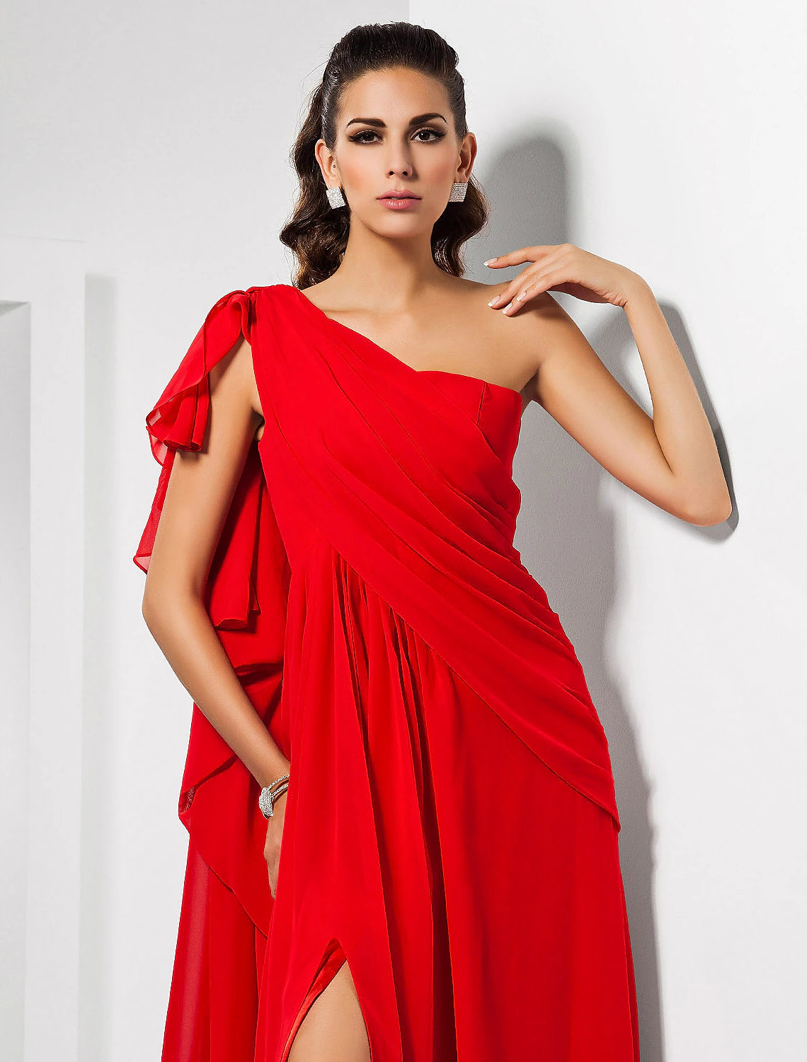 Sheath Christmas Red Green Dress Empire Wedding Guest Formal Evening Dress One Shoulder Sleeveless Floor Length Chiffon with Draping Slit