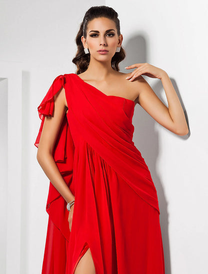 Sheath Christmas Red Green Dress Empire Wedding Guest Formal Evening Dress One Shoulder Sleeveless Floor Length Chiffon with Draping Slit