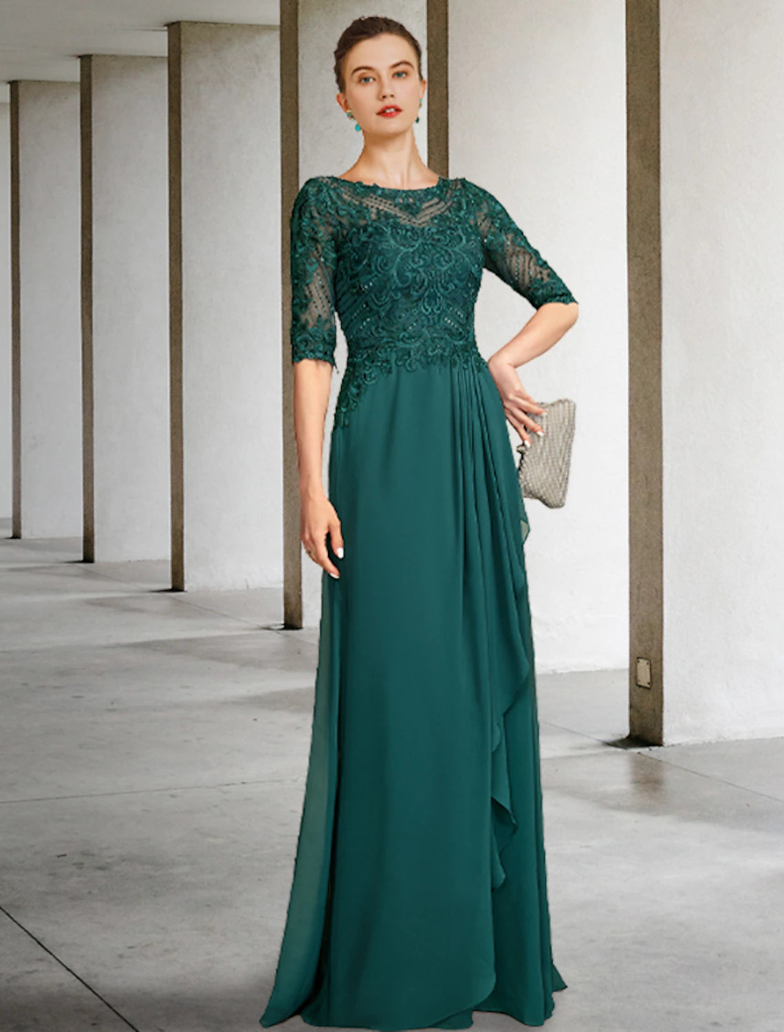 Mother of the Bride Dress Luxurious Elegant Jewel Neck Floor Length Chiffon Lace Half Sleeve with Pleats Beading AppliquesA-Line Mother of the Bride Dress Luxurious Elegant Jewel Neck Floor Length Chiffon Lace Half Sleeve with Pleats Beading Appliques