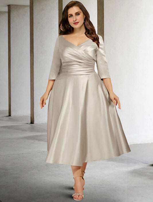 A-Line Mother of the Bride Dresses Plus Size Hide Belly Curve Vintage Dress Formal Tea Length Sleeveless V Neck Satin with Ruched