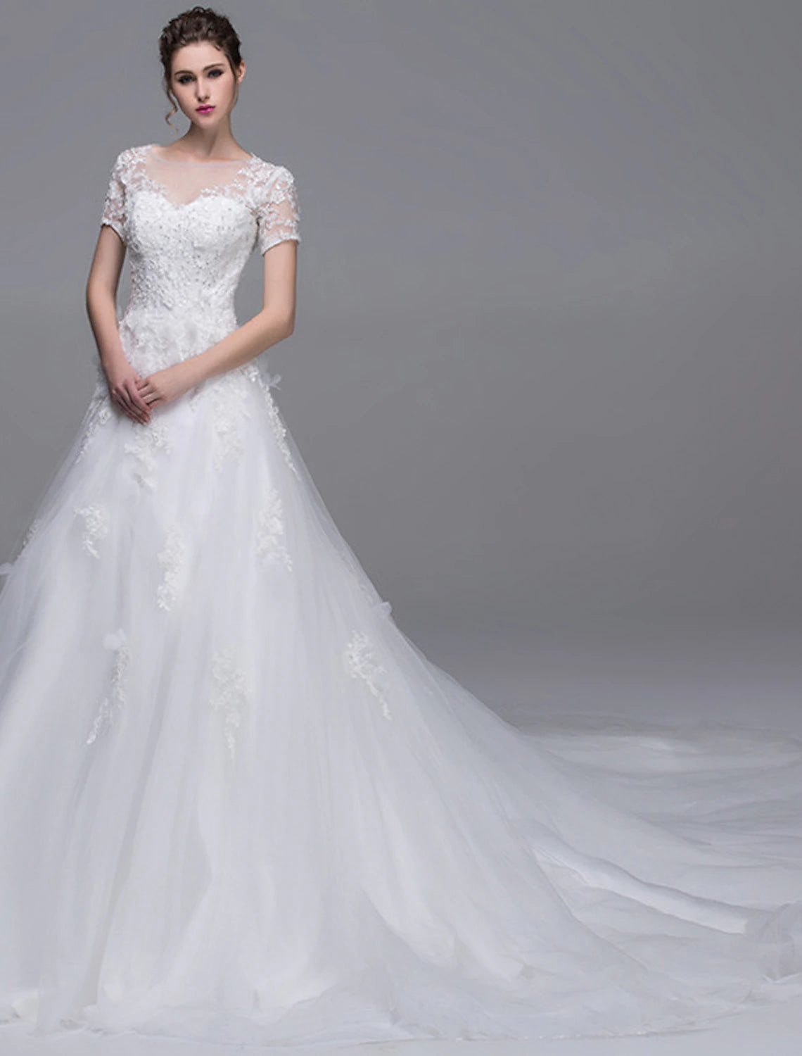 Wedding Dresses A-Line Illusion Neck Short Sleeve Cathedral Train Tulle Bridal Gowns With Pearl Beading