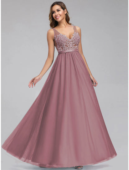 A-Line Empire Holiday Prom Dress V Neck V Back Sleeveless Floor Length Chiffon with Appliques