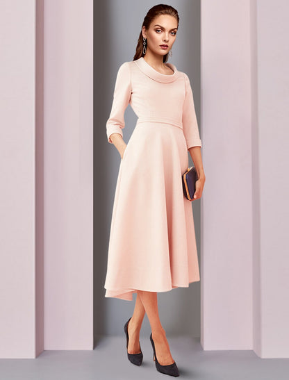 A-Line Mother of the Bride Dress Elegant High Low Jewel Neck Asymmetrical Tea Length Satin 3/4 Length Sleeve with Sash / Ribbon Solid Color