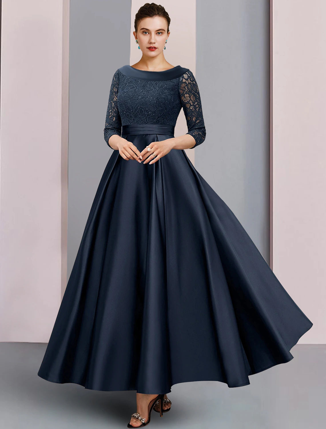 A-Line Mother of the Bride Dress Formal Wedding Guest Elegant Vintage Bateau Neck Ankle Length Satin Lace 3/4 Length Sleeve with Pleats Ruched