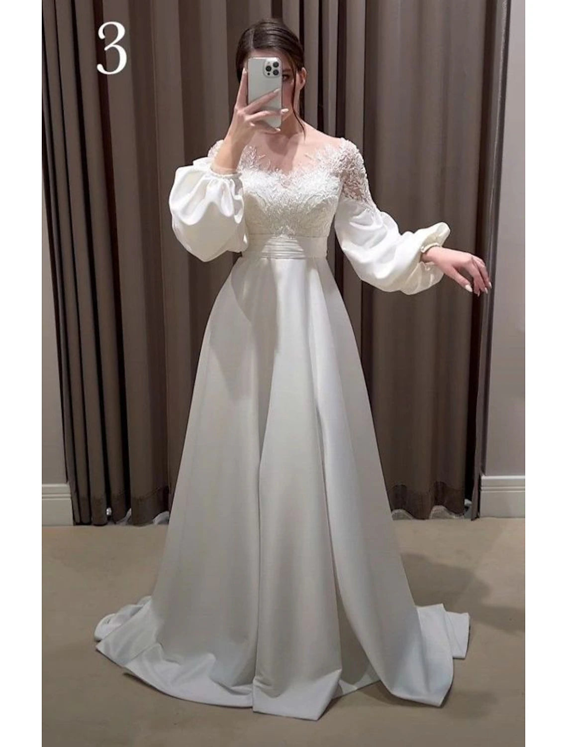 Hall Vintage Formal Wedding Dresses A-Line V Neck Long Sleeve Sweep / Brush Train Satin Bridal Gowns With Embroidery Appliques