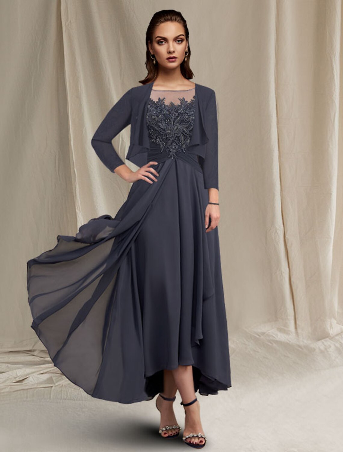 Two Piece A-Line Mother of the Bride Dress Elegant High Low Jewel Neck Asymmetrical Tea Length Chiffon Lace 3/4 Length Sleeve Wrap Included with Sequin Appliques