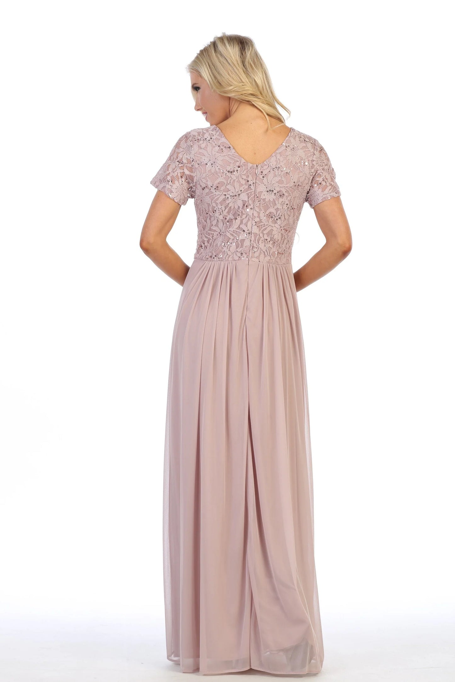 Long Lace Bodice Dress Chiffon Mother of the Bride Dresse Short Sleeves