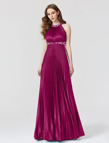 A-Line Beautiful Back Dress Holiday Cocktail Party Floor Length Sleeveless Jewel Neck Satin with Pleats Beading