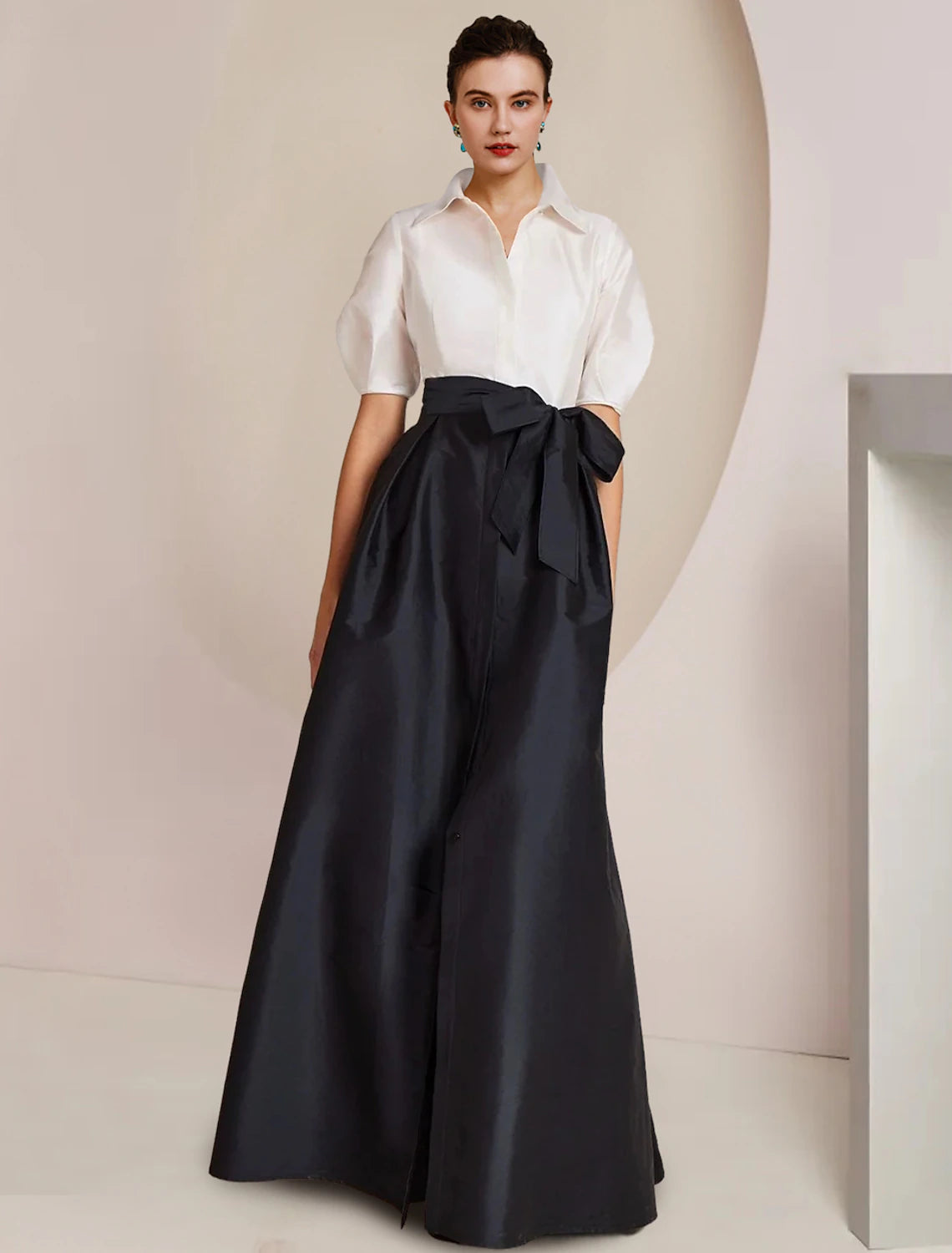 A-Line Mother of the Bride Dress Formal Wedding Guest Party Elegant Shirt Collar Floor Length Taffeta Short Sleeve with Bow(s) Color Block