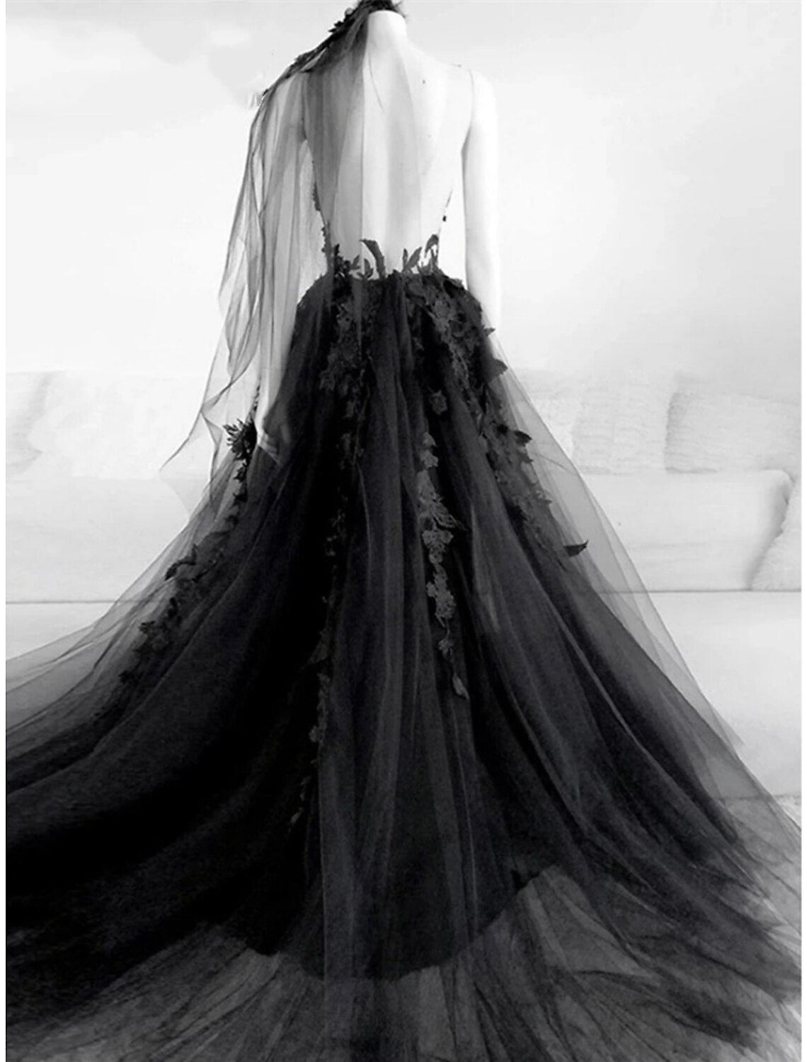 A-Line Evening Gown Elegant Dress Formal Court Train Black Dress Sleeveless Illusion Neck Tulle with Pleats Slit Appliques