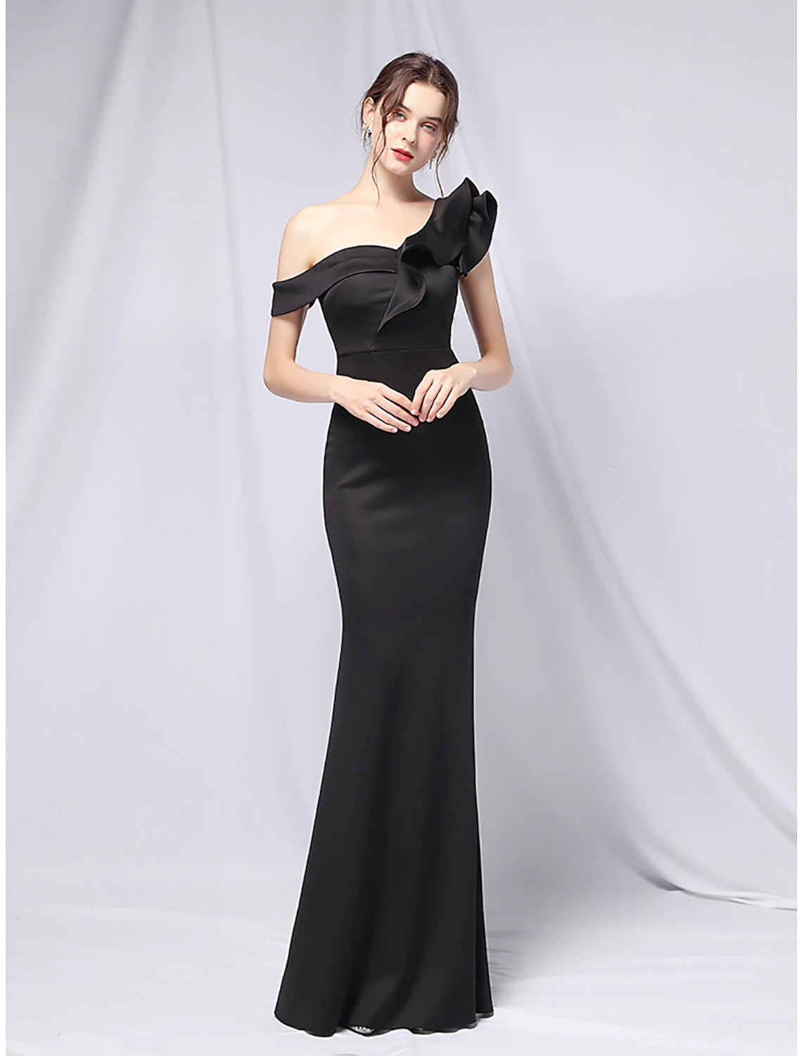 Mermaid Party Dress Evening Gown Empire Dress Wedding Guest Formal Evening Floor Length Short Sleeve One Shoulder Stretch Satin with Ruffles