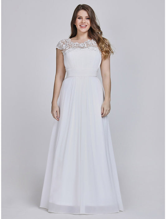 A-Line Mother of the Bride Dress Wedding Guest Plus Size Jewel Neck Floor Length Chiffon Short Sleeve with Lace Ruching Fall