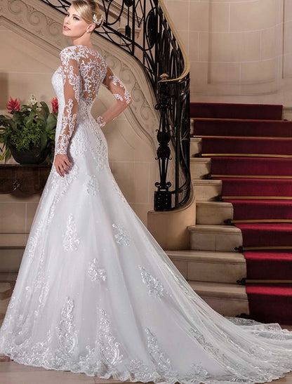 Engagement Formal Fall Wedding Dresses Mermaid / Trumpet Sweetheart Long Sleeve Court Train Lace Bridal Gowns With Beading