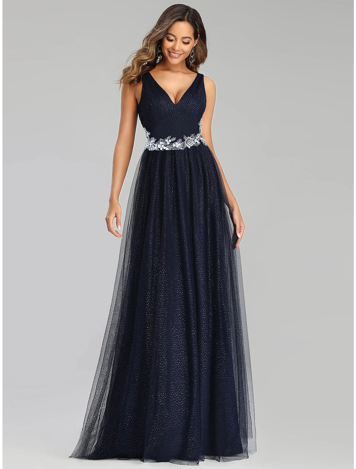 A-Line Prom Dresses Empire Dress Wedding Guest Prom Floor Length Sleeveless V Neck Tulle with Sequin Appliques