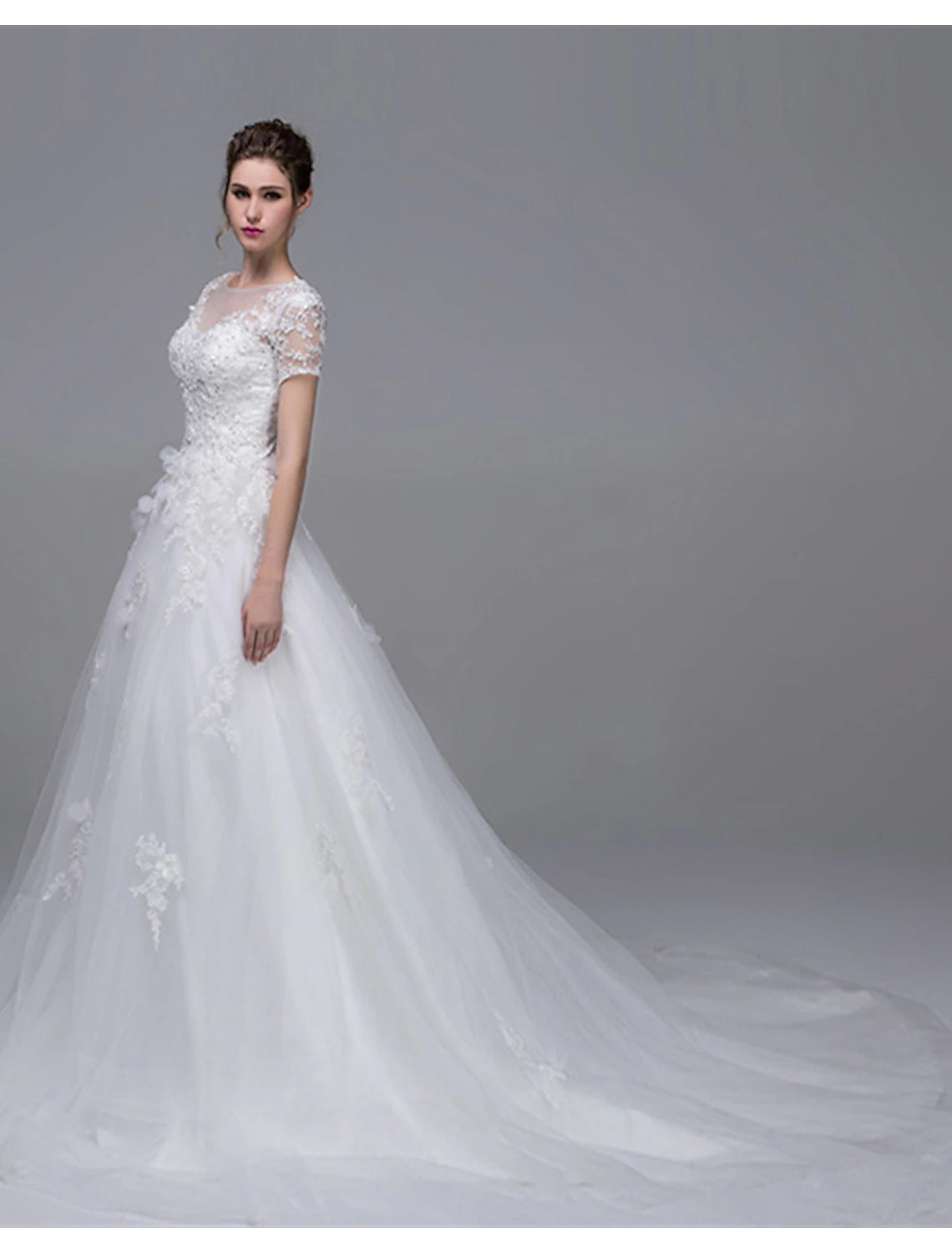 Wedding Dresses A-Line Illusion Neck Short Sleeve Cathedral Train Tulle Bridal Gowns With Pearl Beading