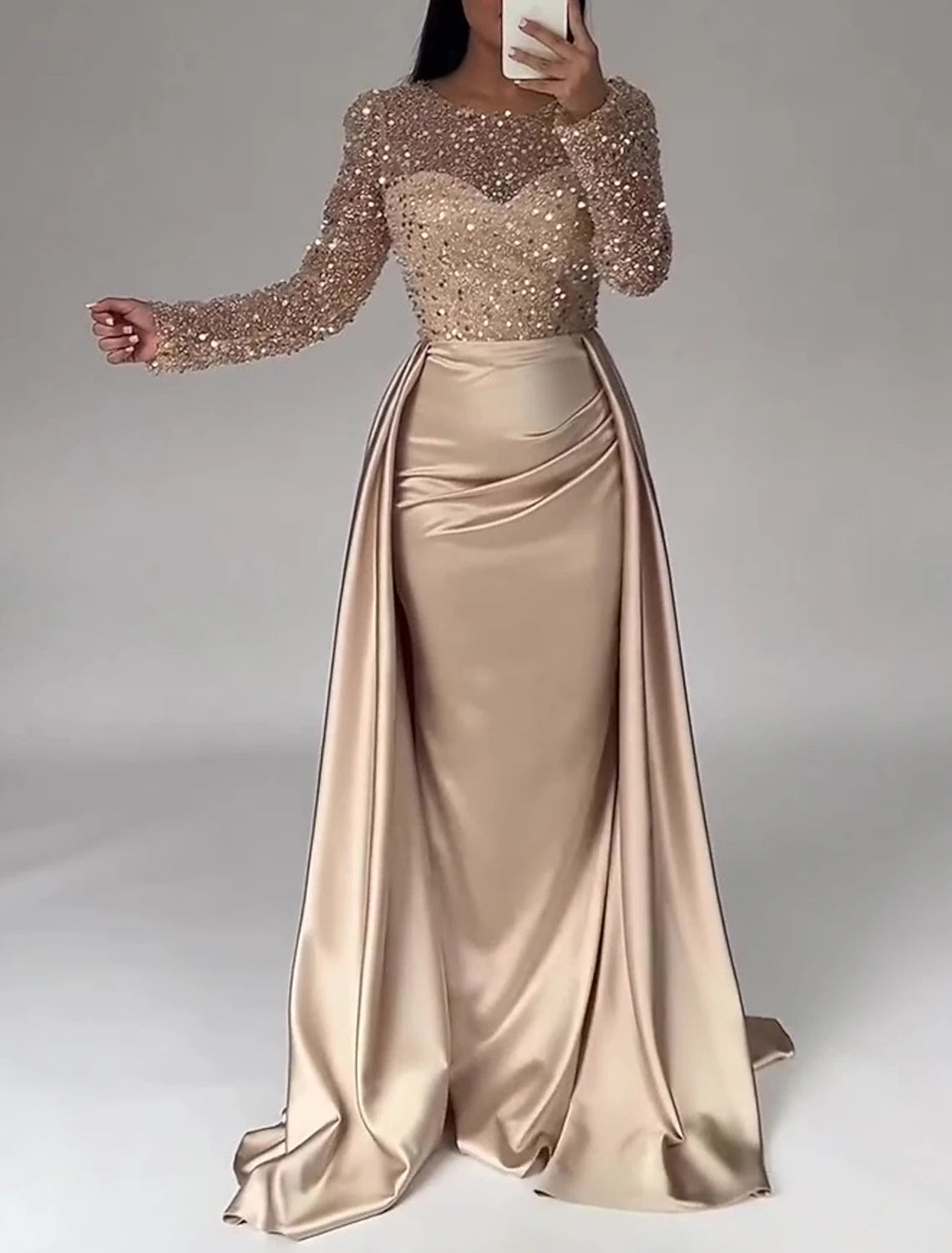 Mermaid Sequin Evening Gown Ruched Satin Dress Long Sleeves Floor Length Sparkle Illusion Neck Prom Wedding Guest Dress with Pearls Overskirt