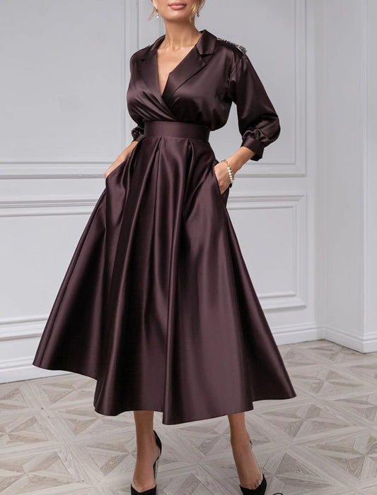 A-Line Cocktail Dresses Elegant Dress Wedding Guest Evening Party Tea Length 3/4 Length Sleeve Shirt Collar Satin with Pleats