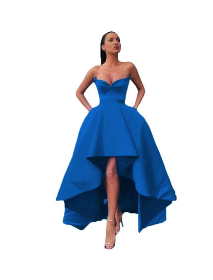 A-Line Prom Dresses Sexy Dress Wedding Guest Prom Asymmetrical Sleeveless Off Shoulder Pocket Satin with Pocket