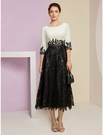 A-Line Mother of the Bride Dress Wedding Guest Elegant Scoop Neck Tea Length Stretch Chiffon Half Sleeve with Lace Sequin Ruching