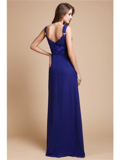 Sheath/Column V-neck Sleeveless Ruffles Long Chiffon Bridesmaid Dresses