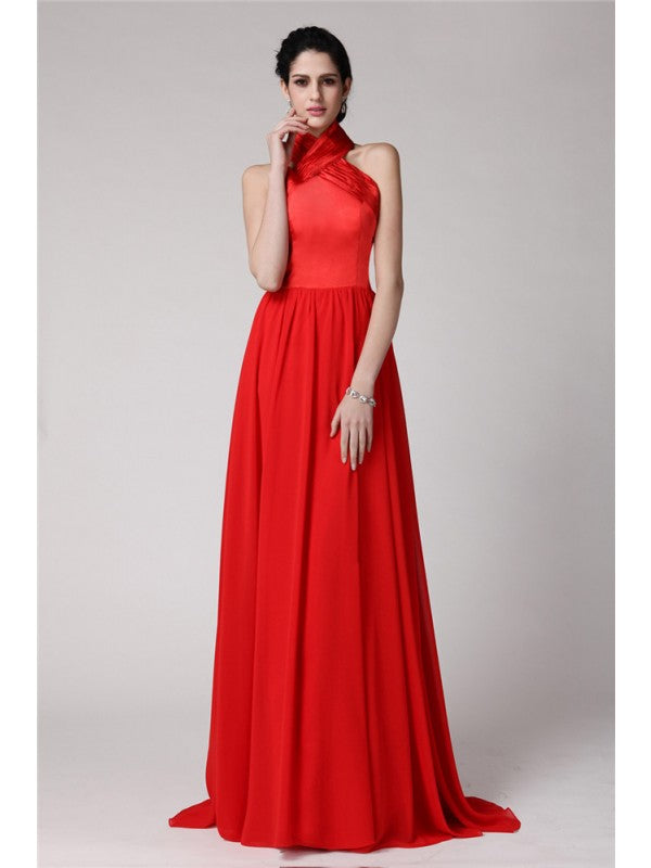 Sheath/Column Halter Sleeveless Pleats Long  Woven Satin Chiffon Bridesmaid Dresses