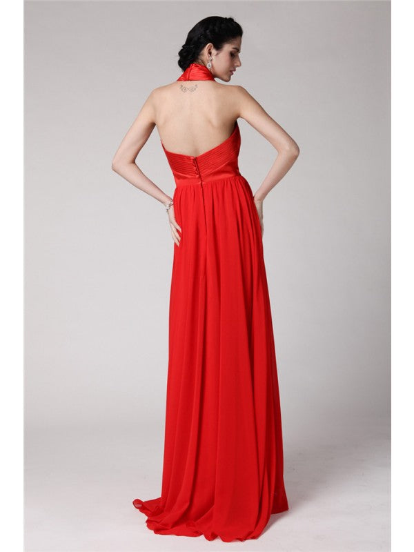 Sheath/Column Halter Sleeveless Pleats Long  Woven Satin Chiffon Bridesmaid Dresses