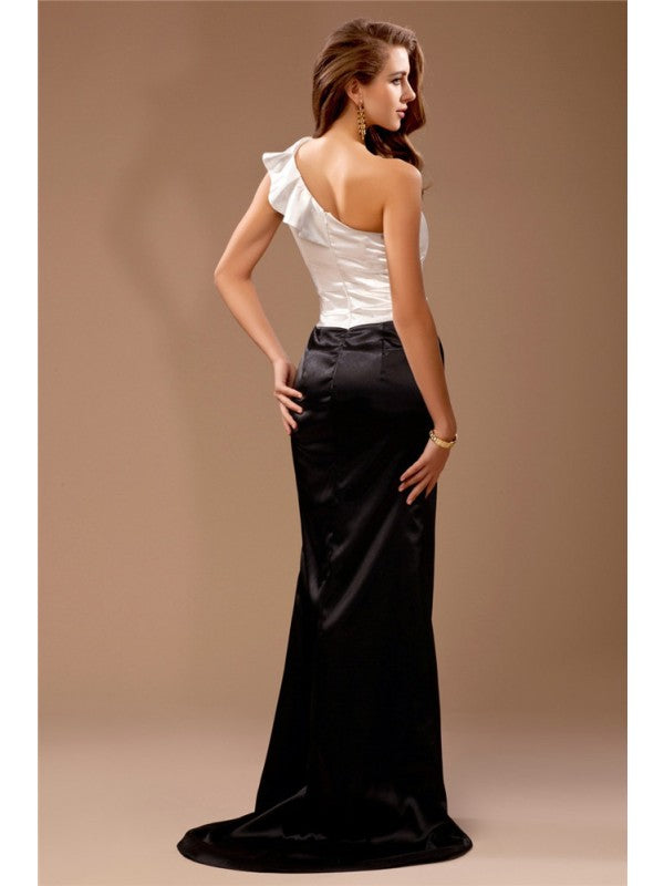 Sheath/Column One-Shoulder Ruffles Sleeveless Long Satin Bridesmaid Dresses