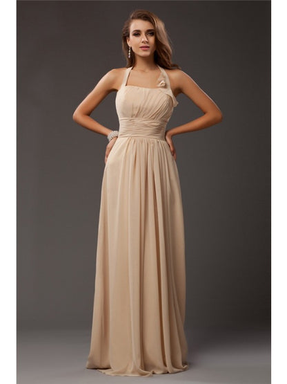 Sheath/Column Halter Sleeveless Ruffles Long Chiffon Bridesmaid Dresses