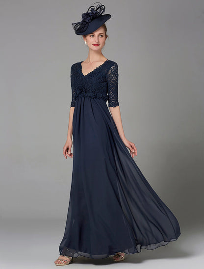 A-Line Mother of the Bride Dress Elegant & Luxurious V Neck Floor Length Chiffon Lace Half Sleeve with Lace Bow(s)A-Line Mother of the Bride Dress Elegant & Luxurious V Neck Floor Length Chiffon Lace Half Sleeve with Lace Bow(s)