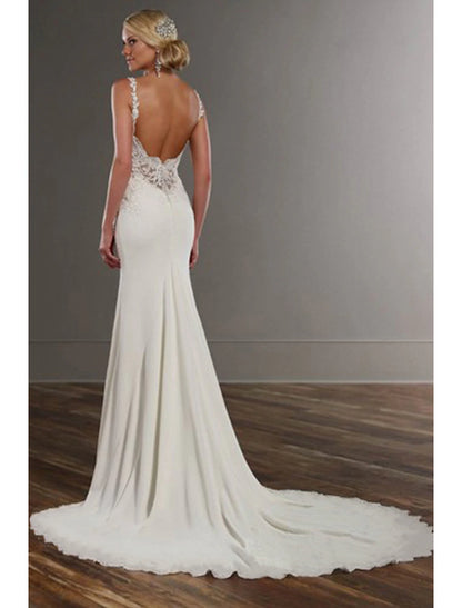 Engagement Open Back Sexy Formal Wedding Dresses Mermaid / Trumpet V Neck Sleeveless Chapel Train Lace Bridal Gowns With Appliques