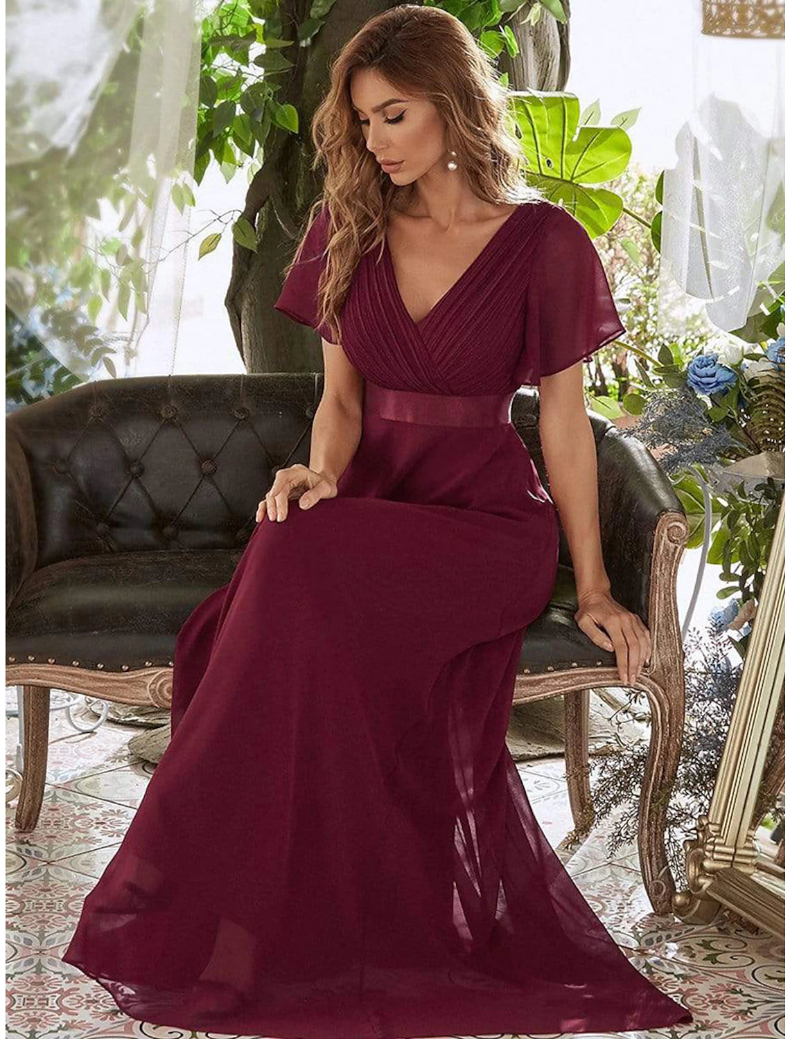 A-Line Evening Gown Party Dress Empire Dress Wedding Guest Formal Evening Floor Length Short Sleeve V Neck Bridesmaid Dress Chiffon V Back with Ruffles Pure Color