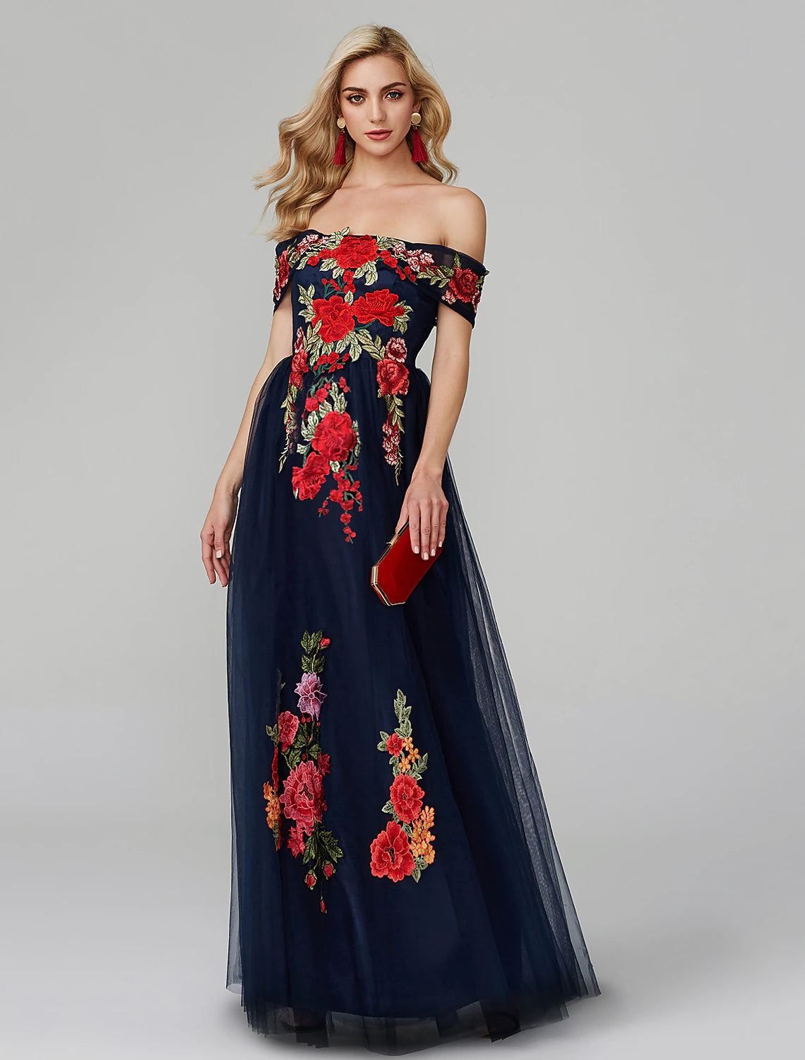 A-Line Prom Dresses Floral Dress Wedding Guest Prom Floor Length Sleeveless Off Shoulder Lace Over Tulle with Embroidery Appliques