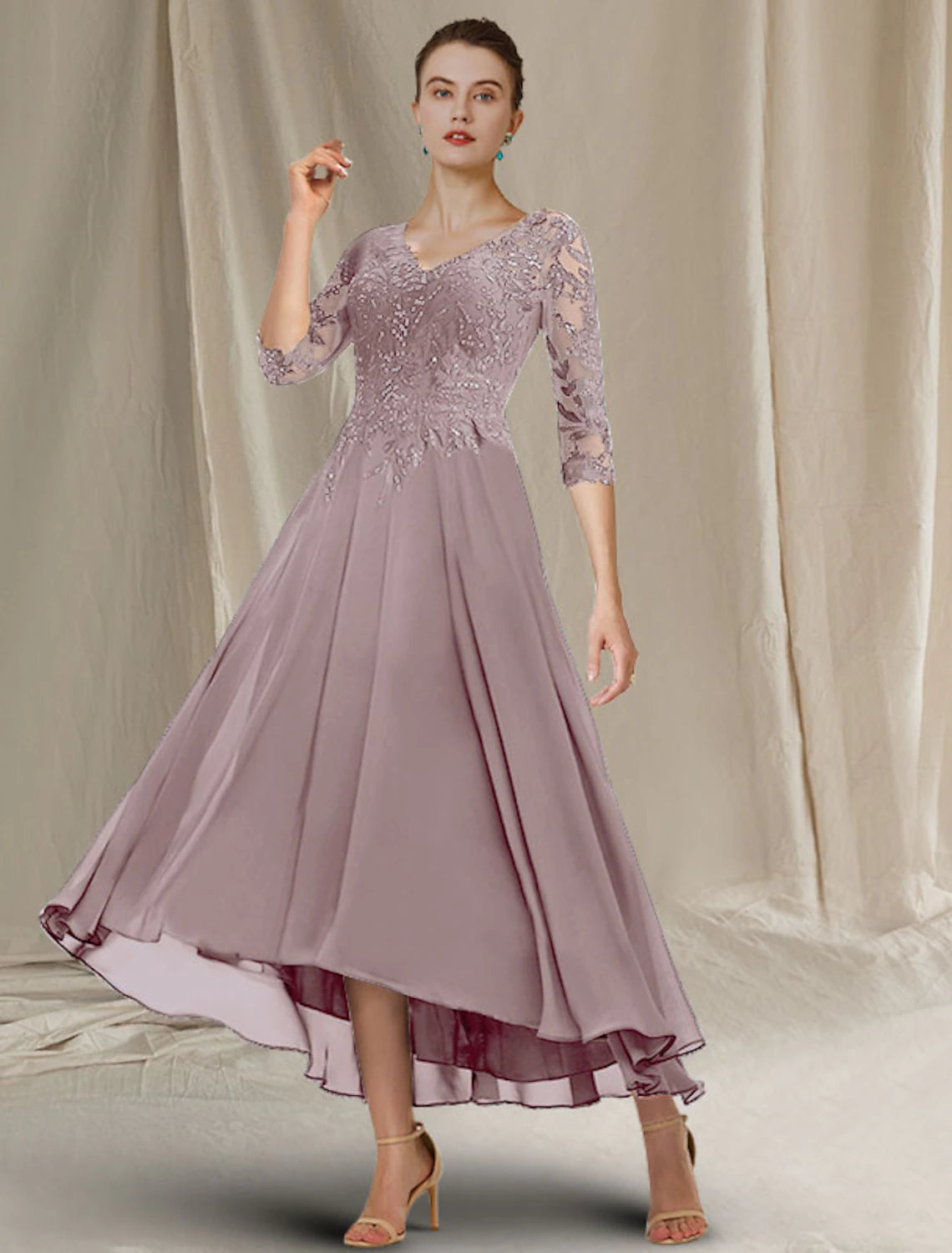 A-Line Mother of the Bride Dress Elegant Sparkle & Shine High Low V Neck Asymmetrical Tea Length Chiffon Lace Half Sleeve with Sequin Ruffles Appliques