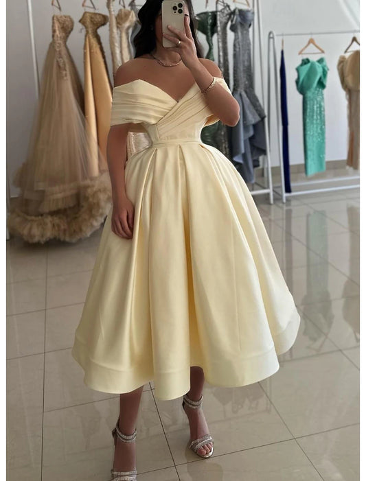 A-Line Cocktail Dresses Elegant Dress Wedding Quinceanera Tea Length Sleeveless Off Shoulder Pink Dress Satin with Ruched