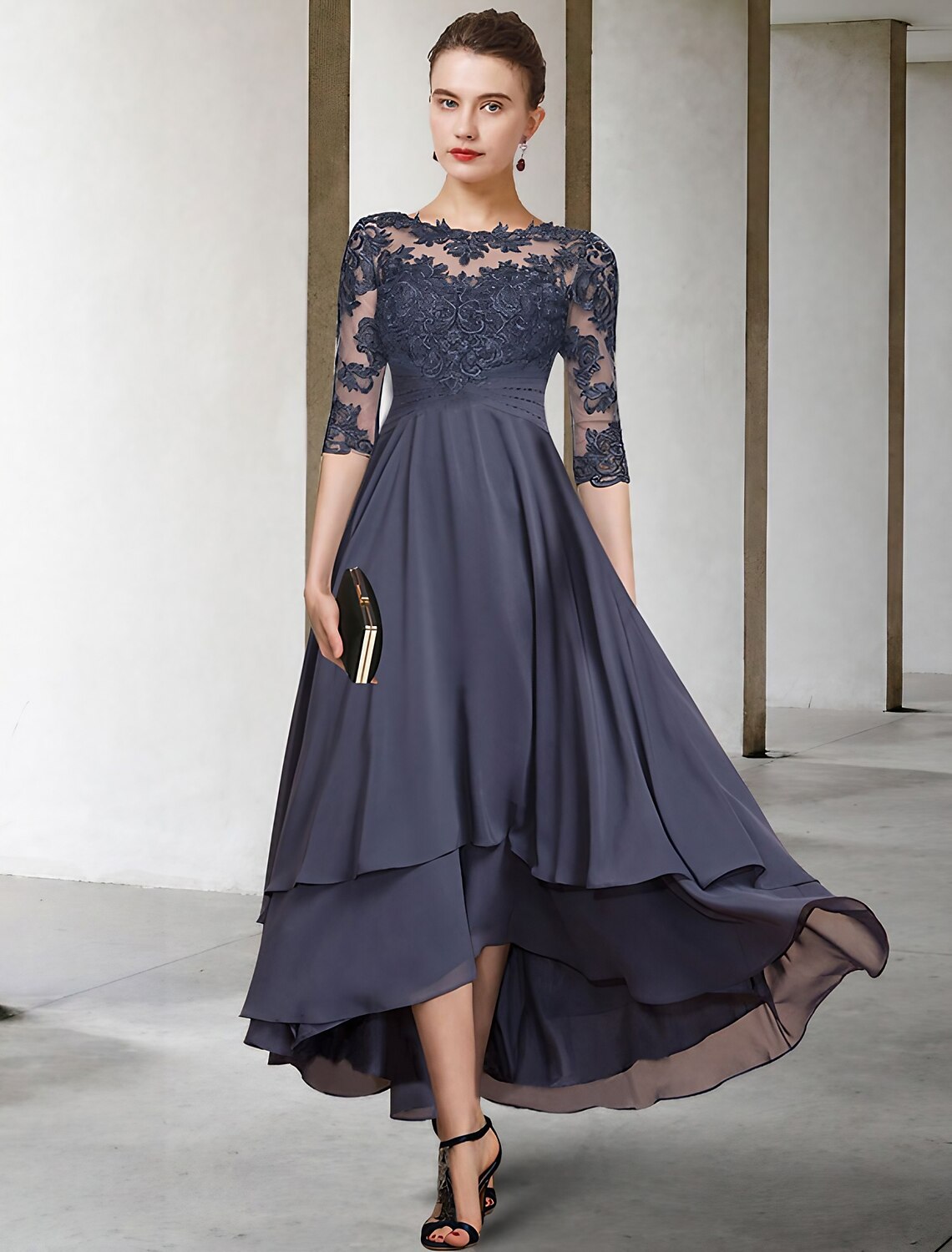 A-Line Mother of the Bride Dress Plus Size Elegant High Low Jewel Neck Asymmetrical Tea Length Chiffon Lace Short Sleeve with Ruched Beading Appliques