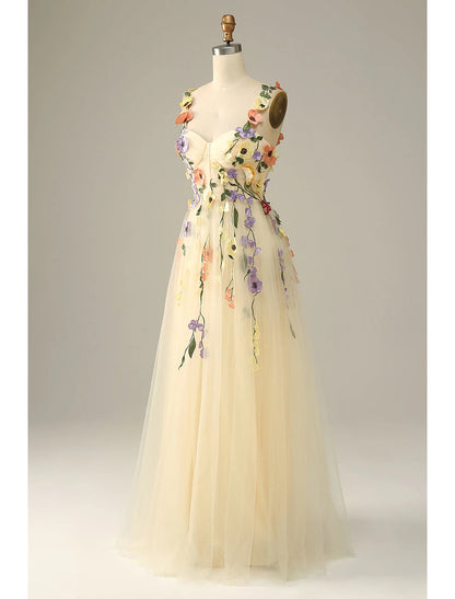 A-Line Wedding Guest Dresses Floral Dress Holiday Prom Floor Length Sleeveless Spaghetti Strap Tulle with Appliques