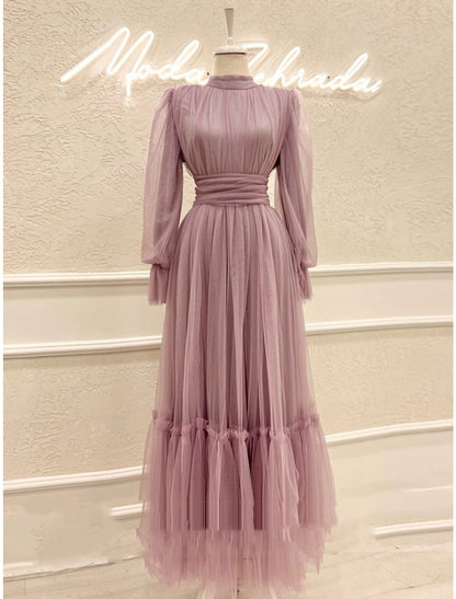 A-Line Prom Dresses Elegant Dress Formal Ankle Length Long Sleeve High Neck Tulle with Pleats Ruched