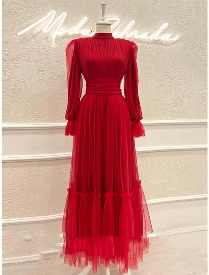 A-Line Prom Dresses Elegant Dress Formal Ankle Length Long Sleeve High Neck Tulle with Pleats Ruched