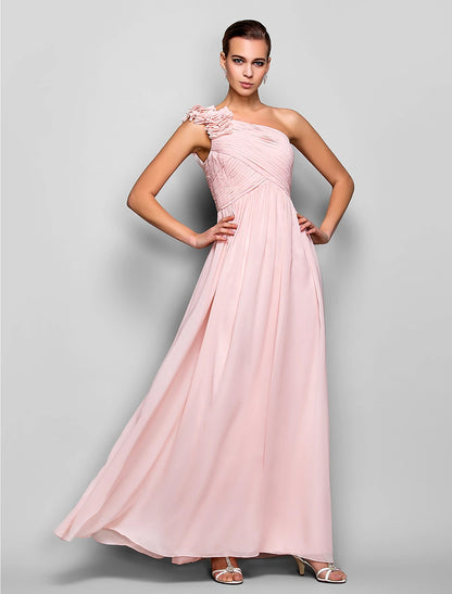 Sheath / Column Open Back Dress Prom Floor Length Sleeveless One Shoulder Chiffon with Criss Cross Ruched Flower