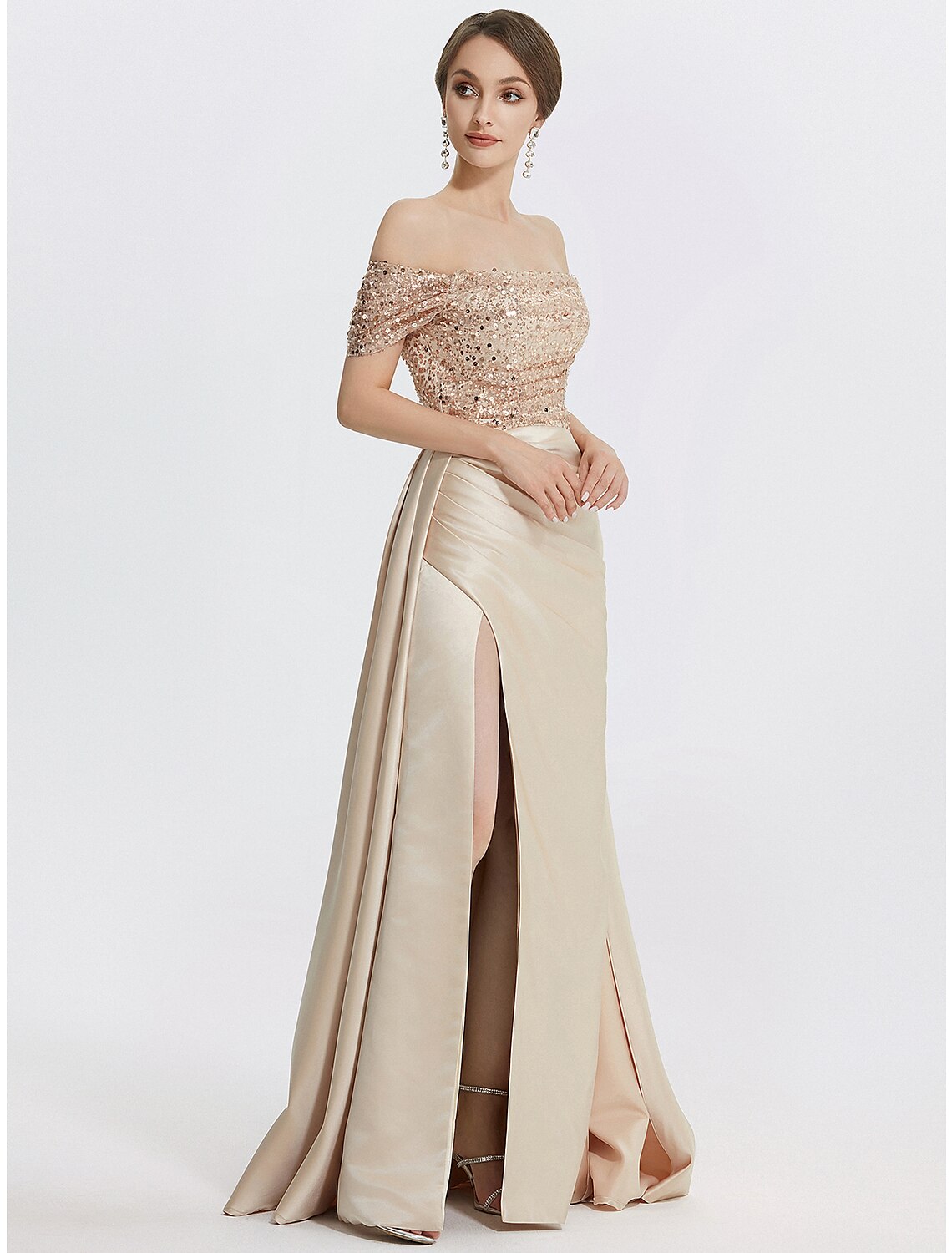 Sheath / Column Evening Gown Elegant Dress Formal Floor Length Short Sleeve Off Shoulder Sequined with Glitter Pleats Slit