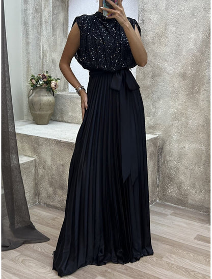 Black Dress Sequin Dress Prom Dress Sequins Pleated Crew Neck Sleeveless Vacation Black Spring Winter