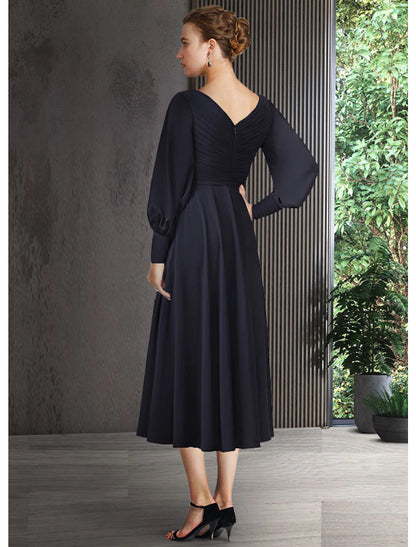 A-Line Mother of the Bride Dress Elegant V Neck Tea Length Chiffon Short Sleeve Long Sleeve with Pleats Ruching