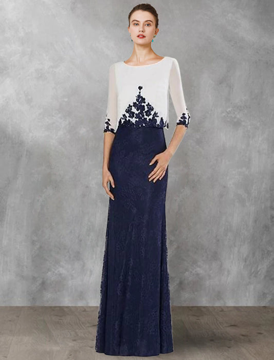 Two Piece Sheath / Column Mother of the Bride Dress Wedding Guest Vintage Elegant Jewel Neck Floor Length Chiffon Lace Half Sleeve with Appliques Color Block