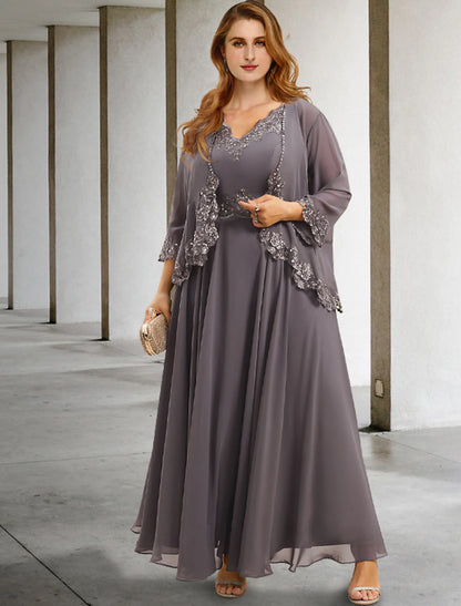 Two Piece A-Line Wedding Guest Dresses Plus Size Hide Belly Elegant Dress Formal Tea Length Sleeveless V Neck Chiffon with Appliques