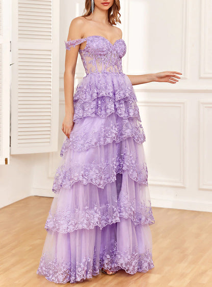 Sequin Off The Shoulder Fuchsia Prom Dress with Tulle Lace